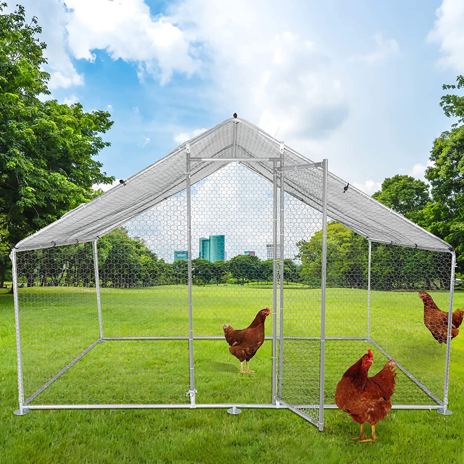 Outdoor Metal Chicken Coop Large Walk-in Poultry Cage Backyard Hen House with Chicken Run Cover for Farm Home Use 10x6.5x6.5ft - Bosonshop