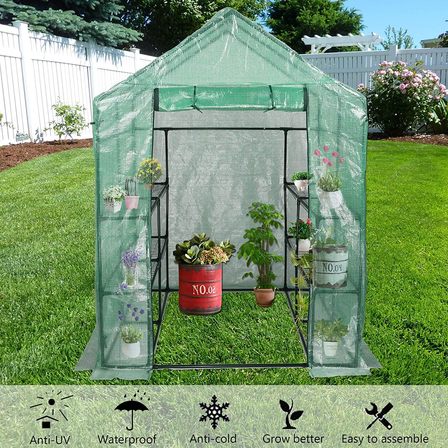 Mini Greenhouse Garden Walk-in Greenhouse with PE Cover Indoor and Outdoor Grow Plants Flower - Bosonshop