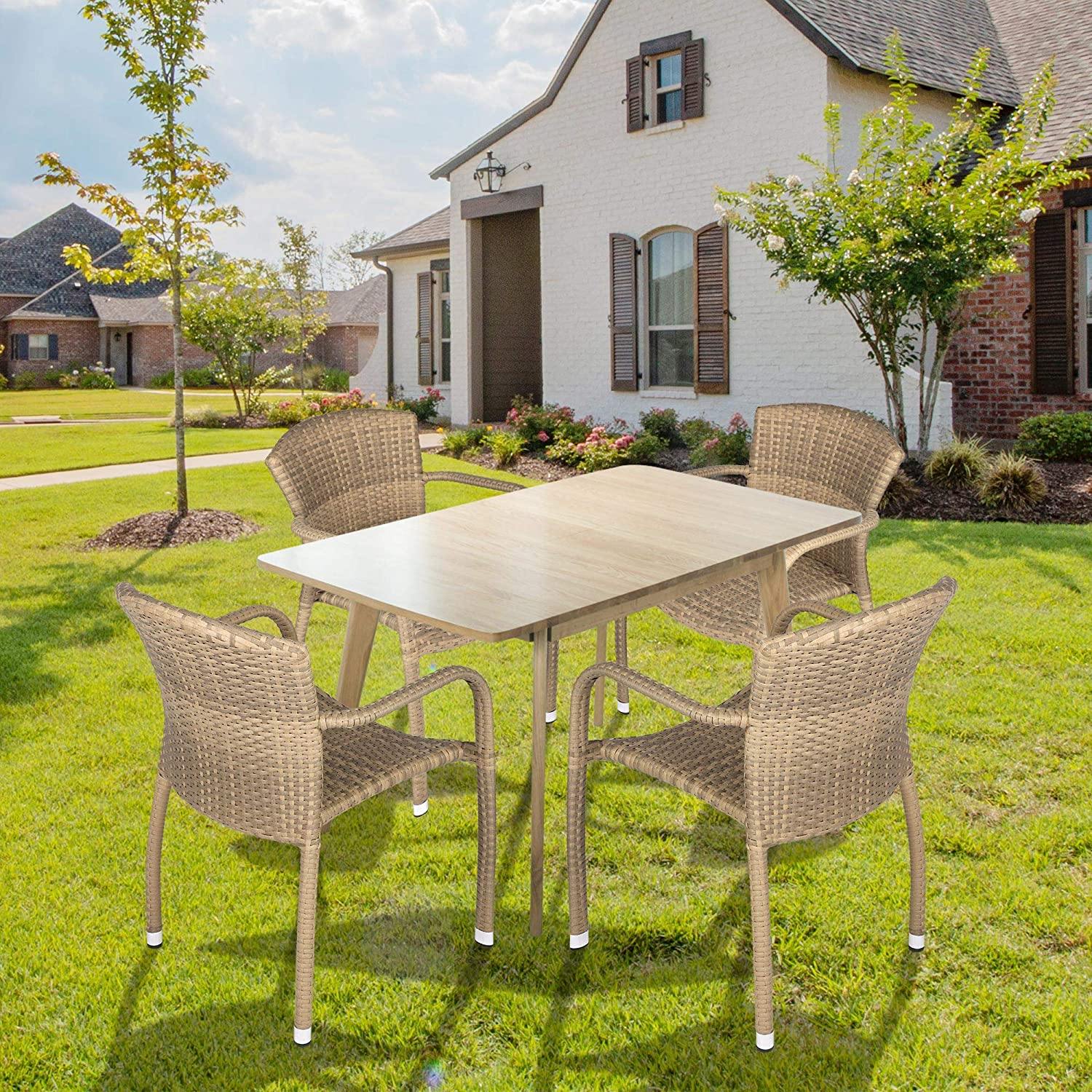 4PCS Outdoor Patio Furniture Leisure Chair Set Vintage Rattan Wicker Armchairs Rattan Dining Chair Set for Indoor & Outdoor, Mocca - Bosonshop