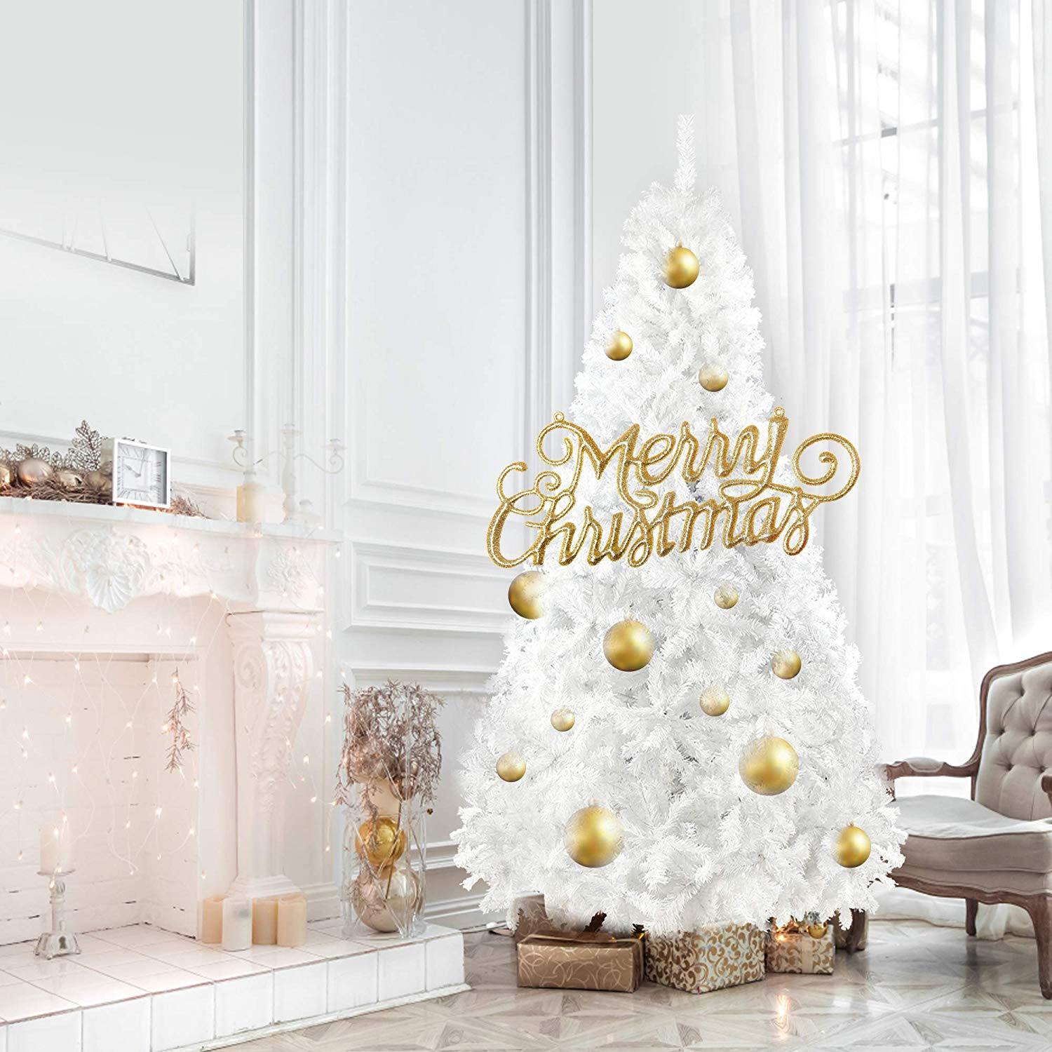 Bosonshop 8 Ft High Christmas Tree 1500 Tips Decorate Pine Tree W/ Metal Legs, White