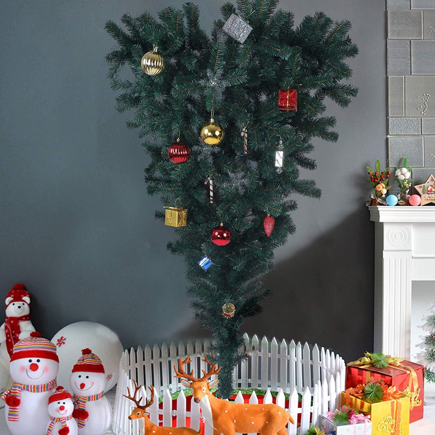 Bosonshop 5FT Upsidedown Premium Artificial Christmas Tree with Solid Metal Stand, Festive Indoor and Outdoor Decoration