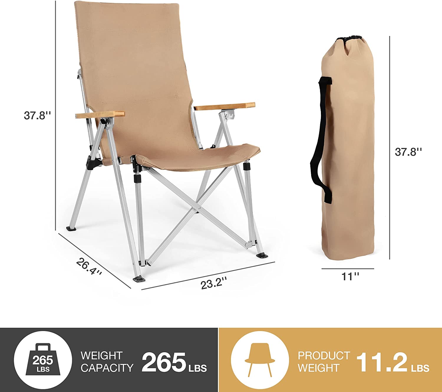 Portable Ultralight Camping Chairs, Adjustable High Back Chairs w/ Arm Rest and Carry Bag
