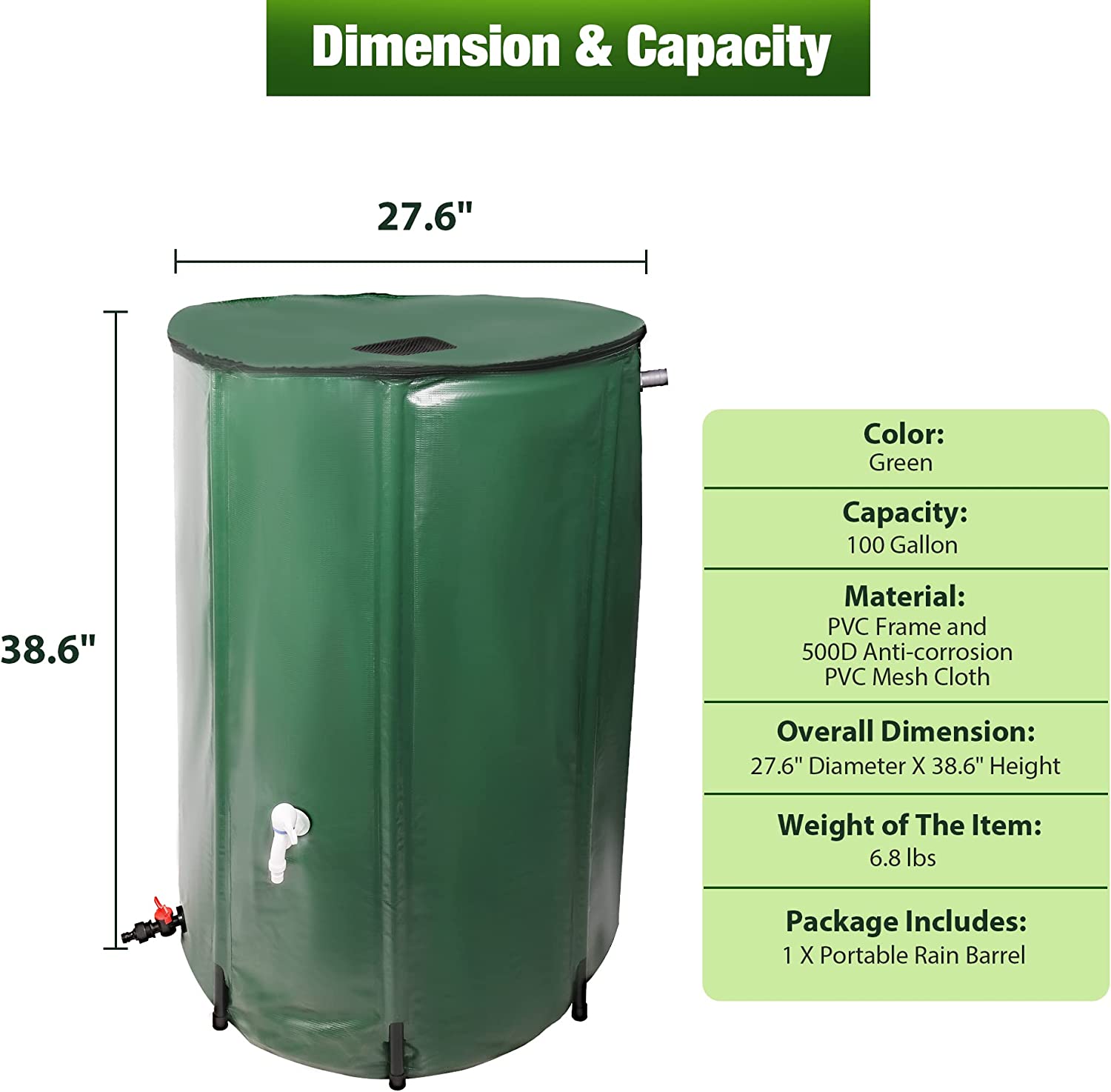 Rain Barrel Water Collector Rainwater Storage Container 100 Gallon, Green