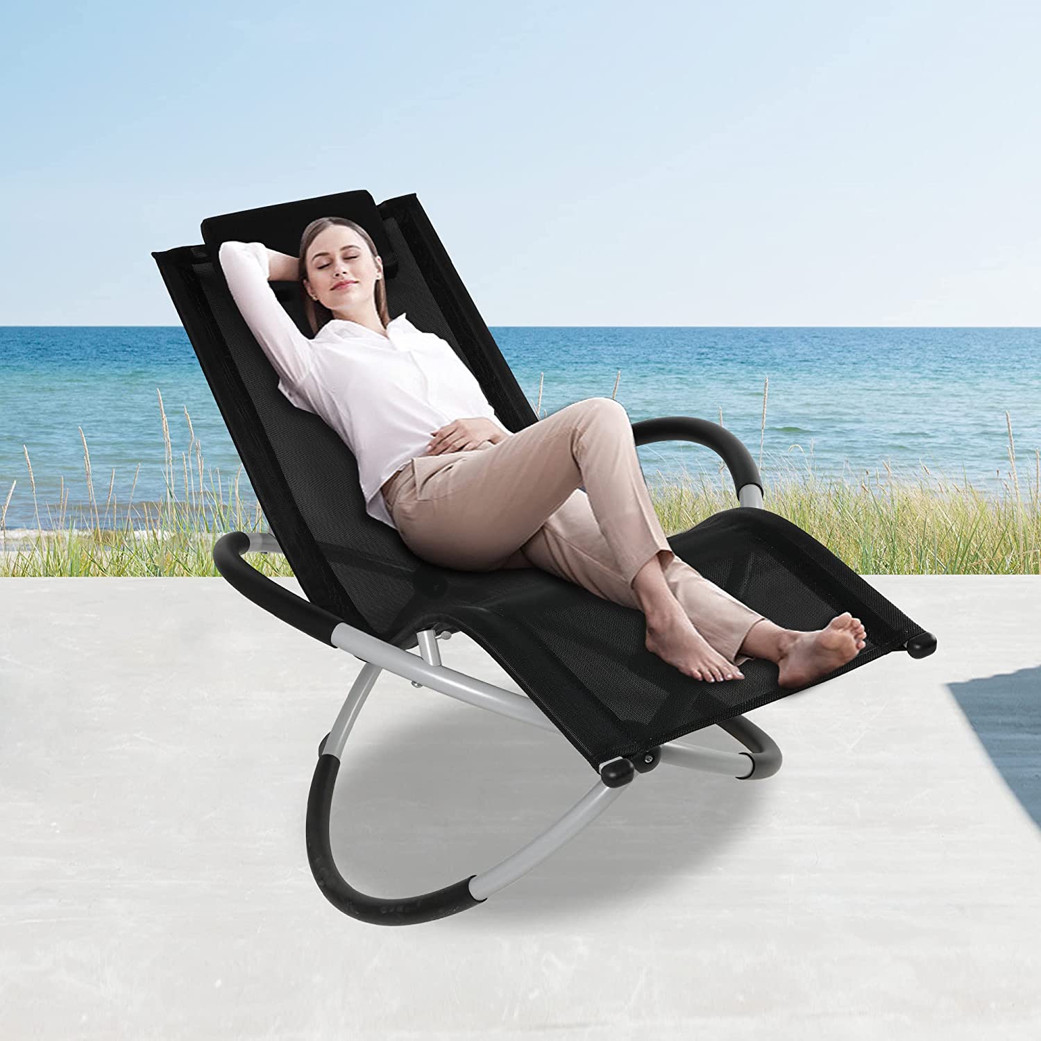 Patio Rocking Lounge Chair, Foldable Rocking Chair Sun Lounger with Headrest Pillow