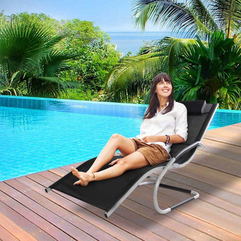 Patio Lounge Chair w/Removable Pillow, Breathable Textline Fabric for Patio, Deck, and Poolside