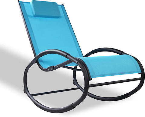 Patio Rocking Lounge Chair, Outdoor Curved Rocker Chaise with Removable Pillow, Blue