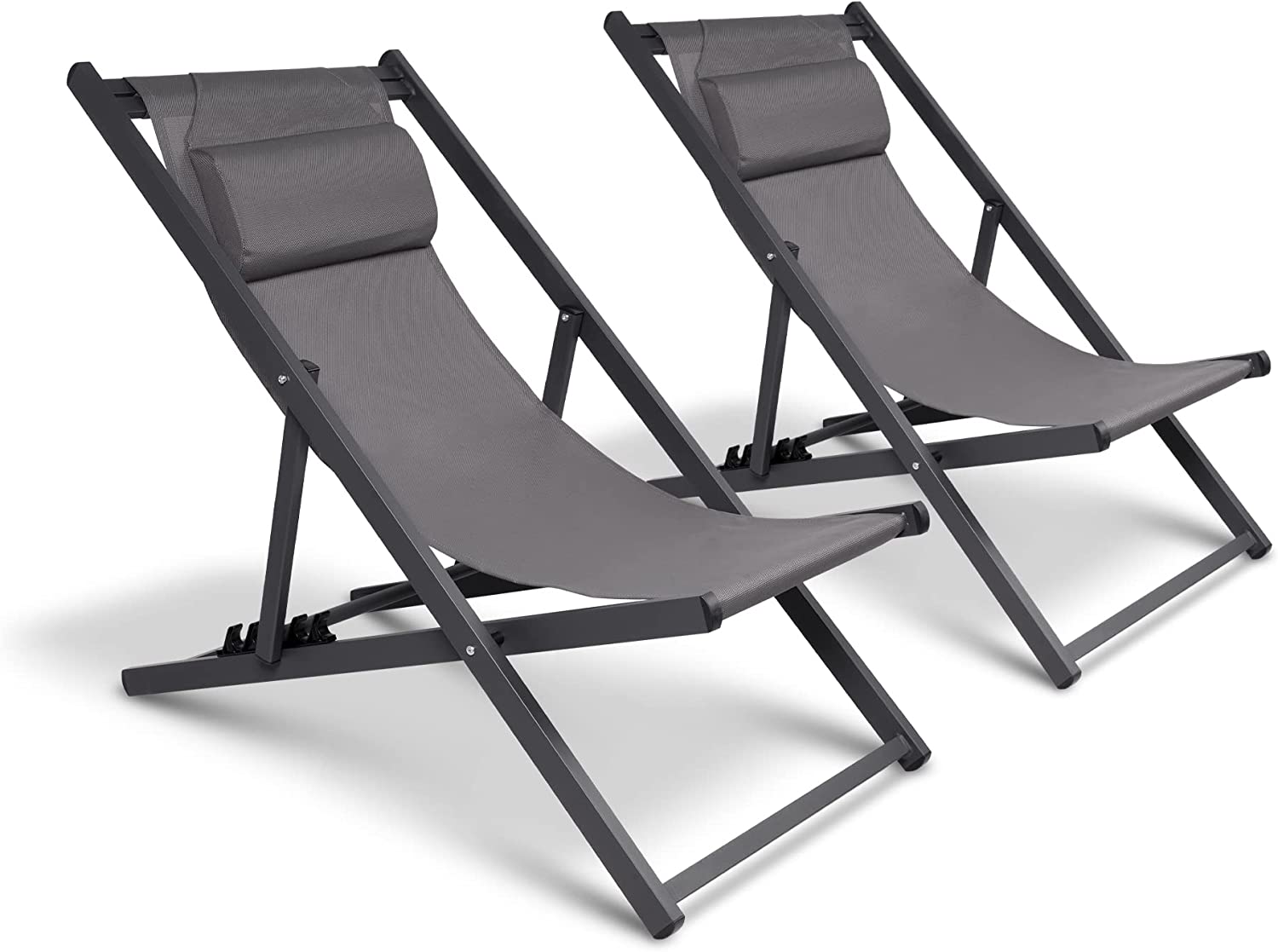 Beach Sling Chair Set of 2 Recling Camping Lounge Chairs with Headrest, Dark Gray