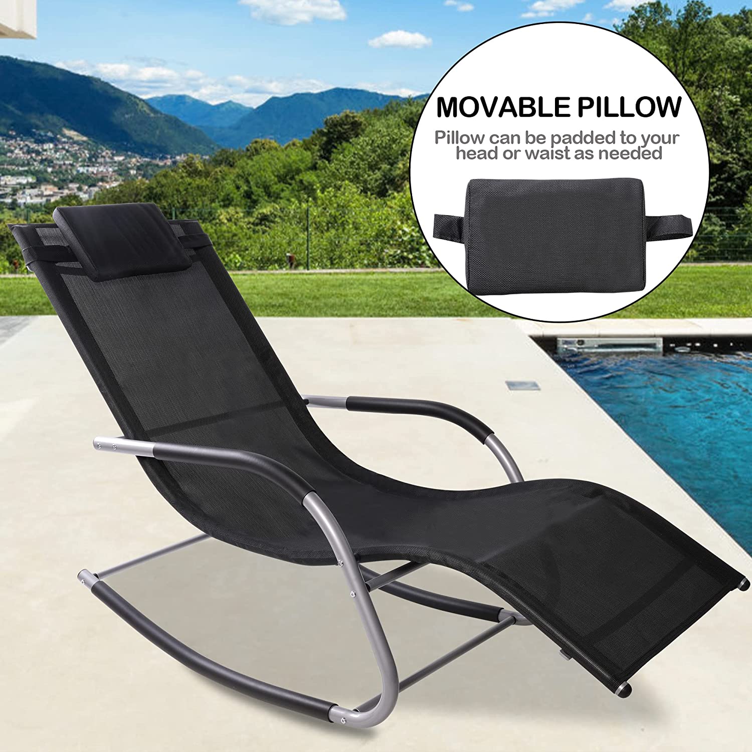 Patio Curved Rocker Chaise Lounge Chairs Rocking Chairs w/ Removable Pillow, Black