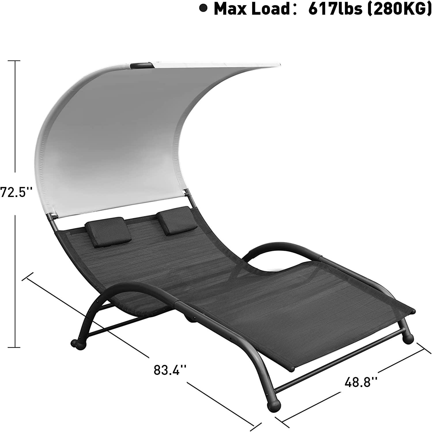 Outdoor Double Chaise Lounge Bed Chair with Canopy & Both Removable Pillows - Bosonshop