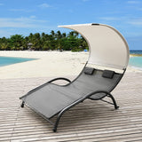 Outdoor Double Chaise Lounge Bed Chair with Canopy & Both Removable Pillows