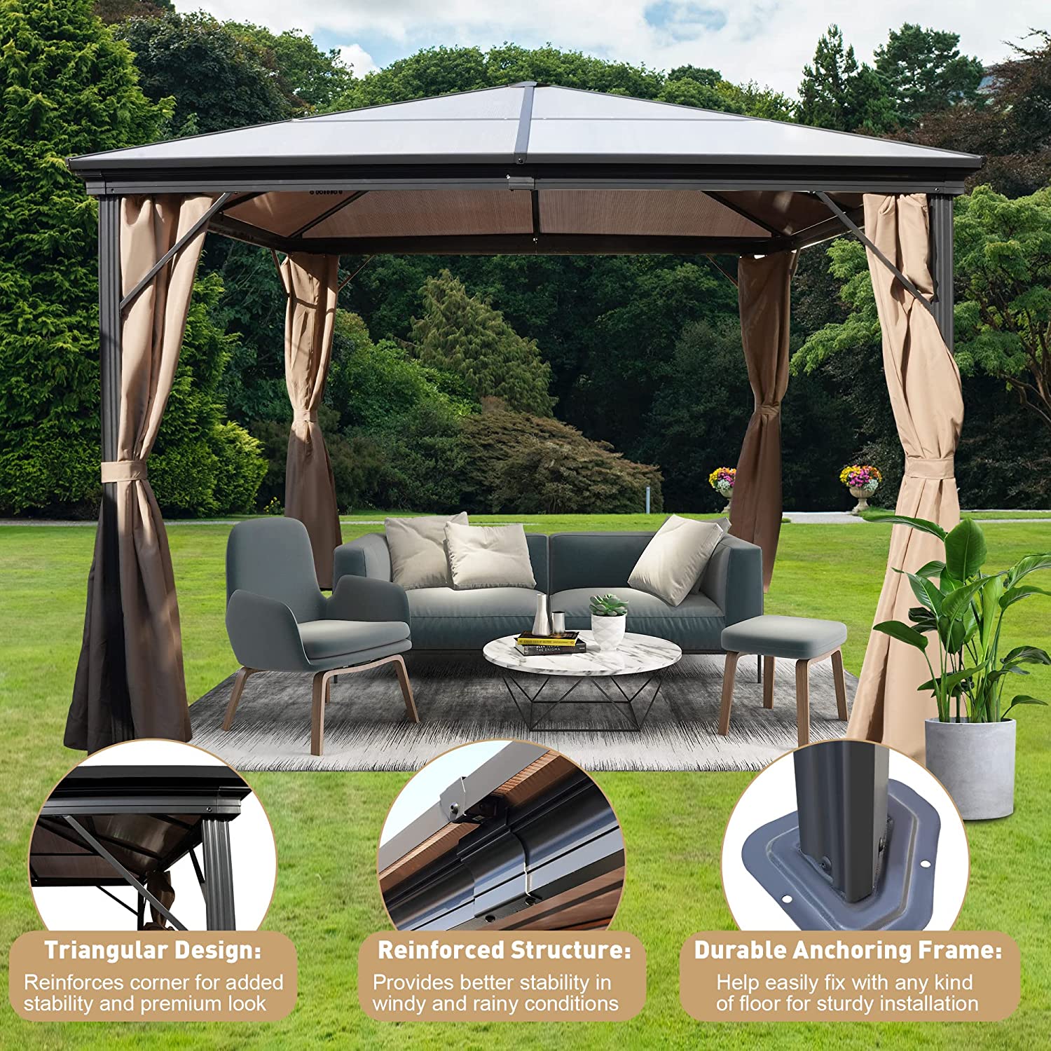 10x10 FT Hardtop Outdoor Gazebo, Aluminum Frame Polycarbonate Hardtop Garden Tent with Curtains & Mosquito Netting