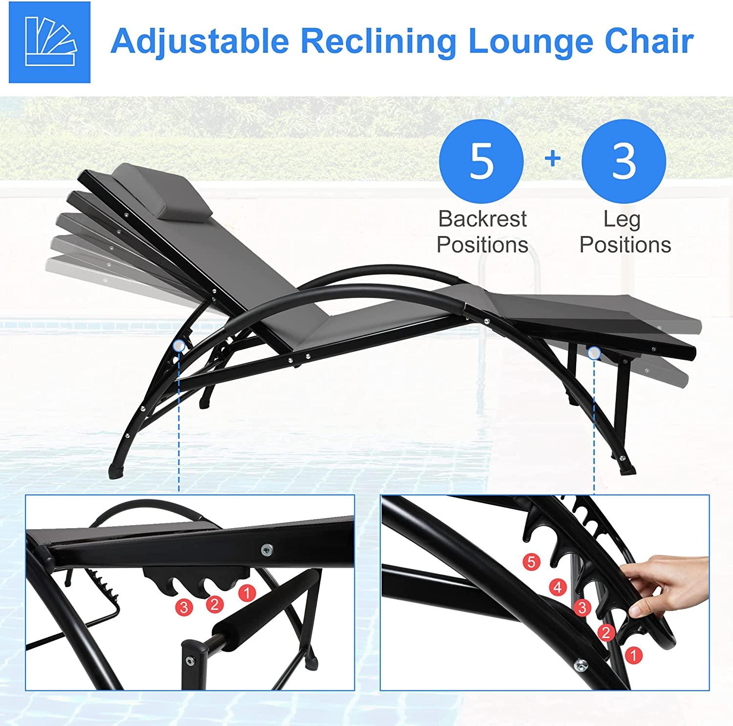 Outdoor Tanning Reclining Chairs Chaise Lounge Chair Recliners Lounger with Pillow & Armrest