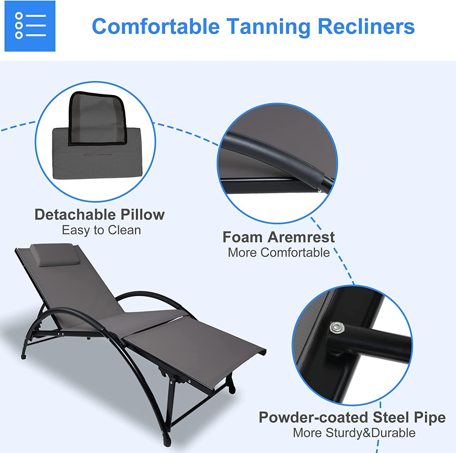 Outdoor Tanning Reclining Chairs Chaise Lounge Chair Recliners Lounger with Pillow & Armrest