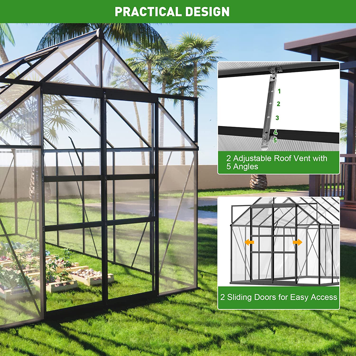 8'x12' Polycarbonate Greenhouse 2 Sliding Doors 2 Vents Window Walk-in Greenhouse for Outdoor