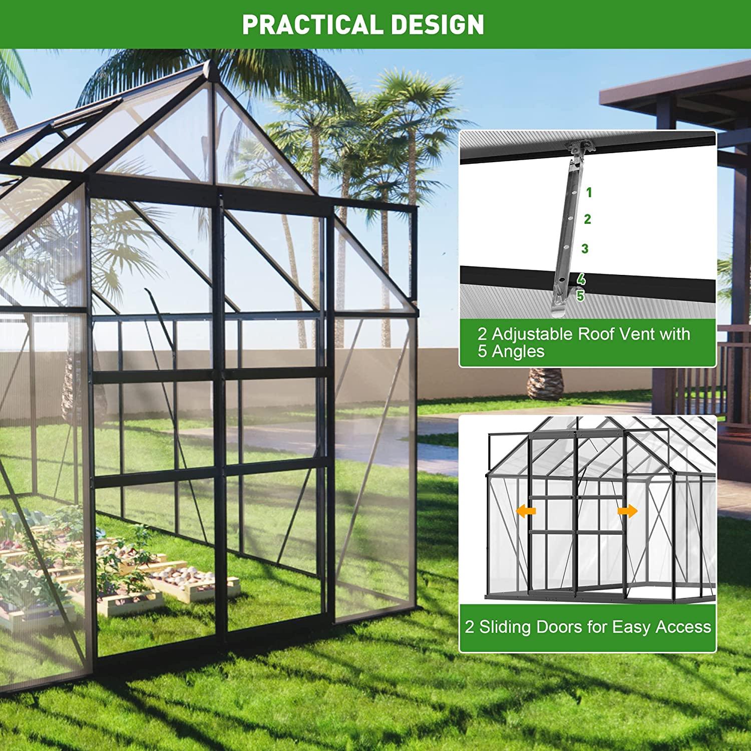 8'x12' Polycarbonate Greenhouse 2 Sliding Doors 2 Vents Window Walk-in Greenhouse for Outdoor - Bosonshop