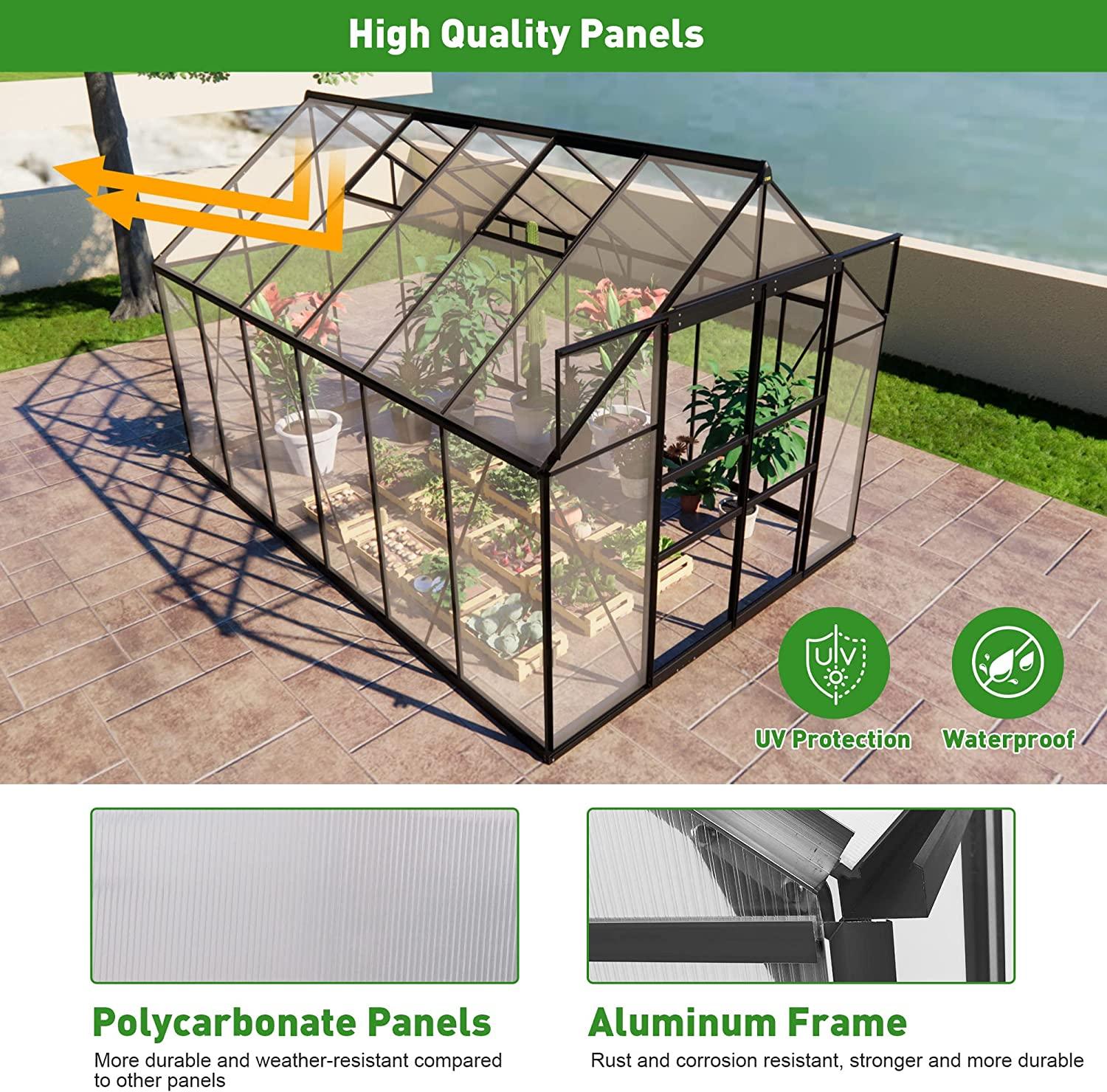 8'x12' Polycarbonate Greenhouse 2 Sliding Doors 2 Vents Window Walk-in Greenhouse for Outdoor - Bosonshop