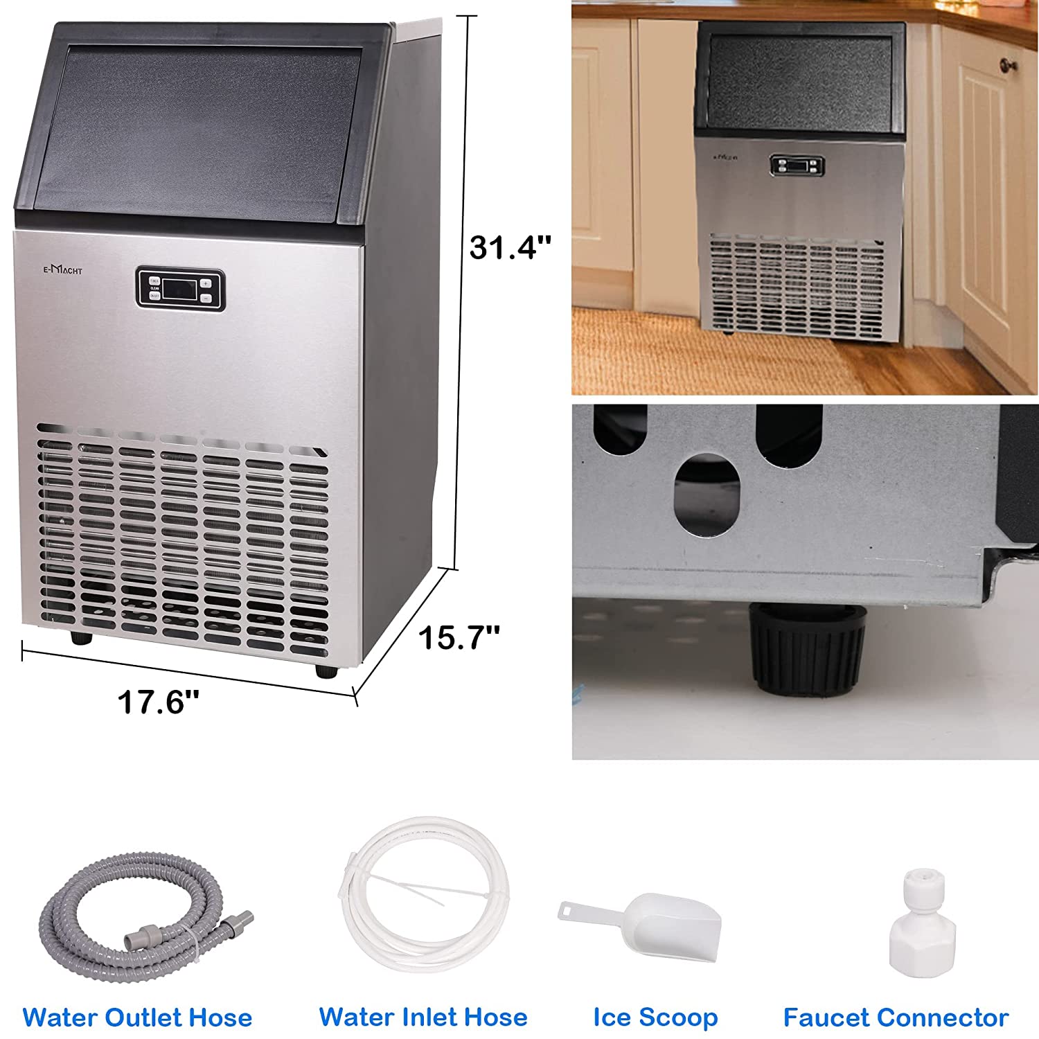 Commercial 100lbs/24H Ice Maker Machine Built-in Stainless Steel Ice Maker Machine with a smart LCD panel