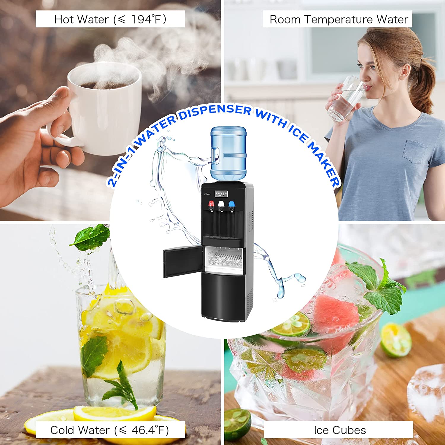 2-in-1 Water Cooler Dispenser with Ice Maker (3-5 Gallon), Scoop, and Child Safety Lock, Black
