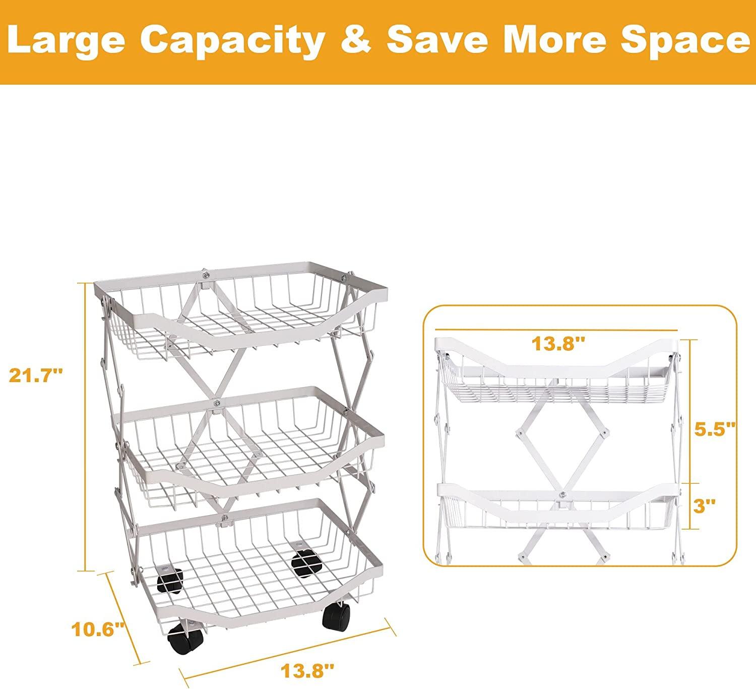 3 Tier Foldable Fruit Basket Kitchen Storage Rolling Cart, Living Room Baskets