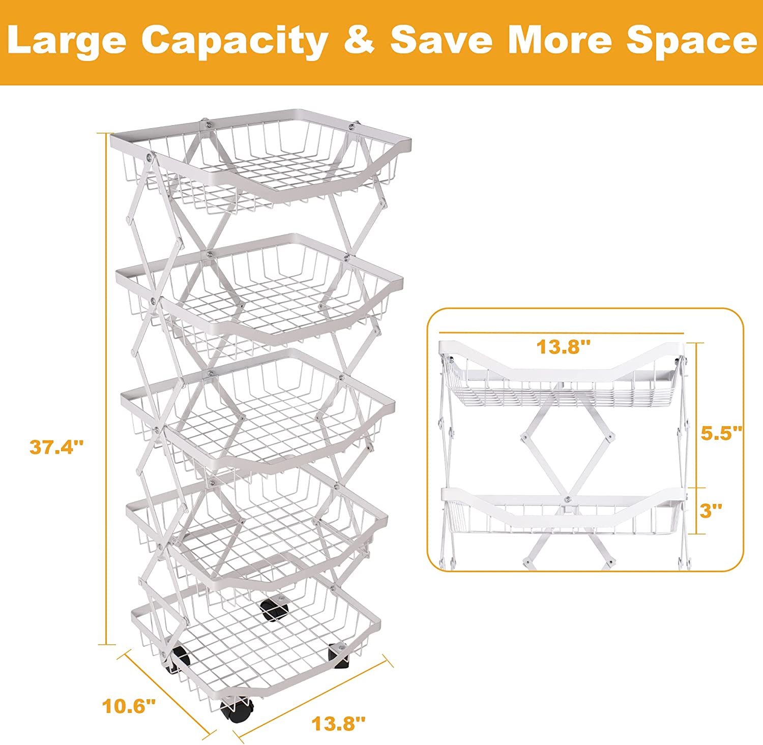 5 Tier Foldable Fruit Basket Kitchen Storage Rolling Cart, Living Room Baskets