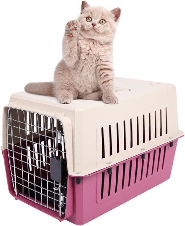 Plastic Cat & Dog Carrier Cage with Chrome Door Portable Pet Box Airline Approved, Medium, Red
