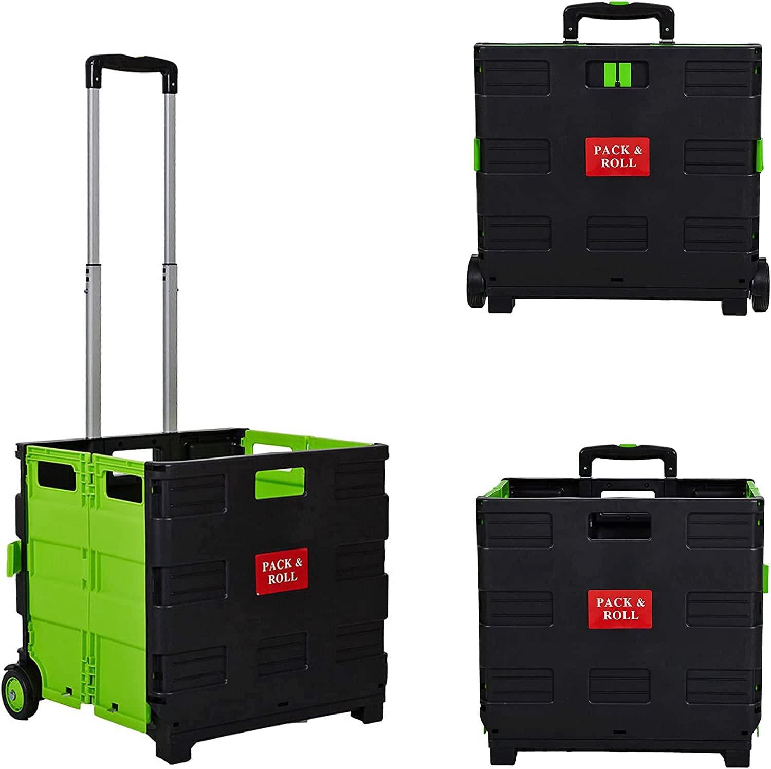 44L Medium Folding Rolling Utility Shopping Cart, Black & Green - Bosonshop