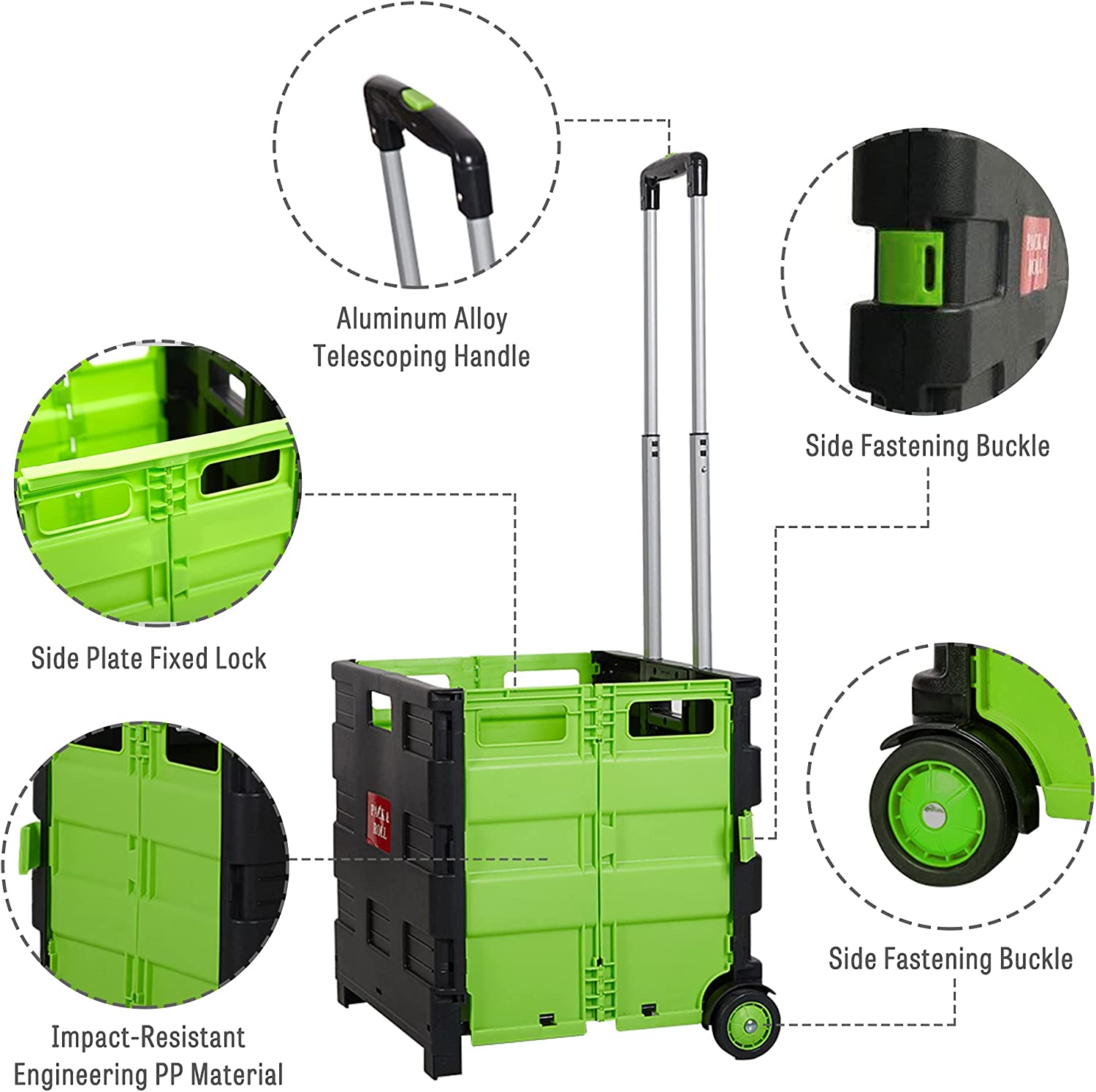 Medium Folding Rolling Utility Shopping Cart, Black & Green