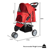 3 Wheels Pet Stroller for Dog Cat Small Animal Folding Walk Jogger Travel Carrier Cart, Red