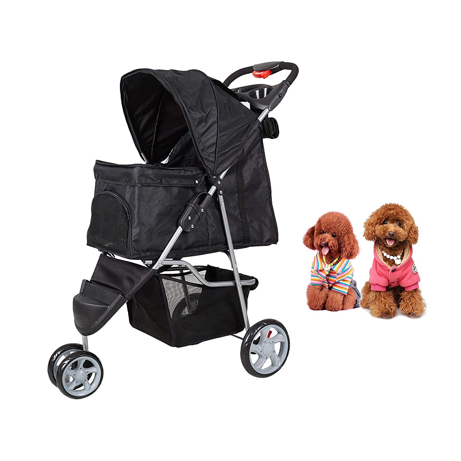 (Out of Stock) Pet Stroller for Dog Cat Small Animal Folding Walk Jogger Travel Carrier Cart with Three Wheels, Black