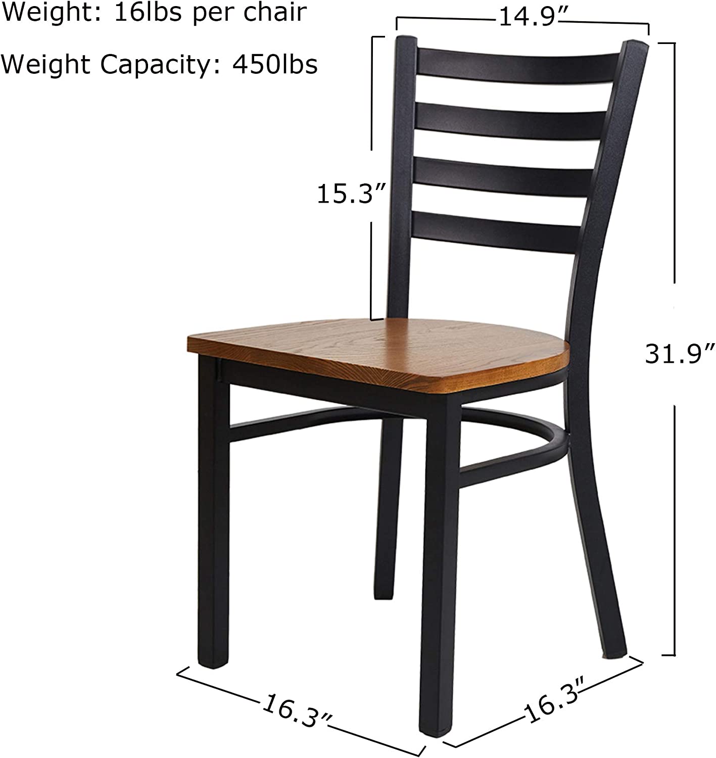 2 Pack Dining Room Kitchen Chair Ladder Back Metal Leg Stackable Fully Assembled Side Chairs with Wood Seat, Black