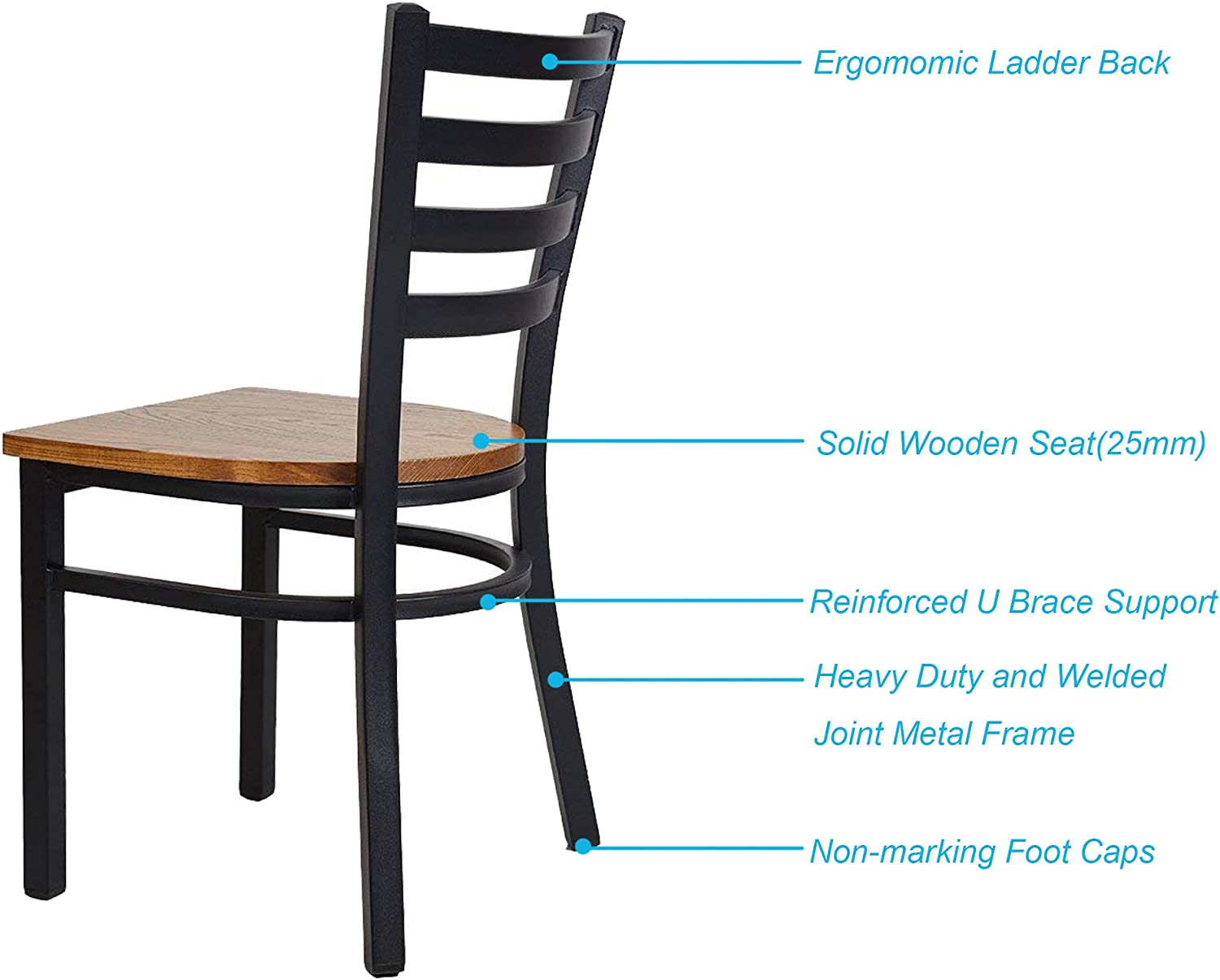 2 Pack Dining Room Kitchen Chair Ladder Back Metal Leg Stackable Fully Assembled Side Chairs with Wood Seat, Black