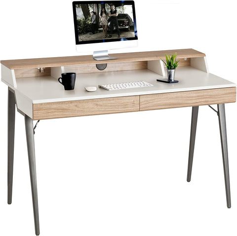 47" Computer Desk with Monitor Shelf Home Office Desk with Drawers & Storage White Wood Small Writing Table Study