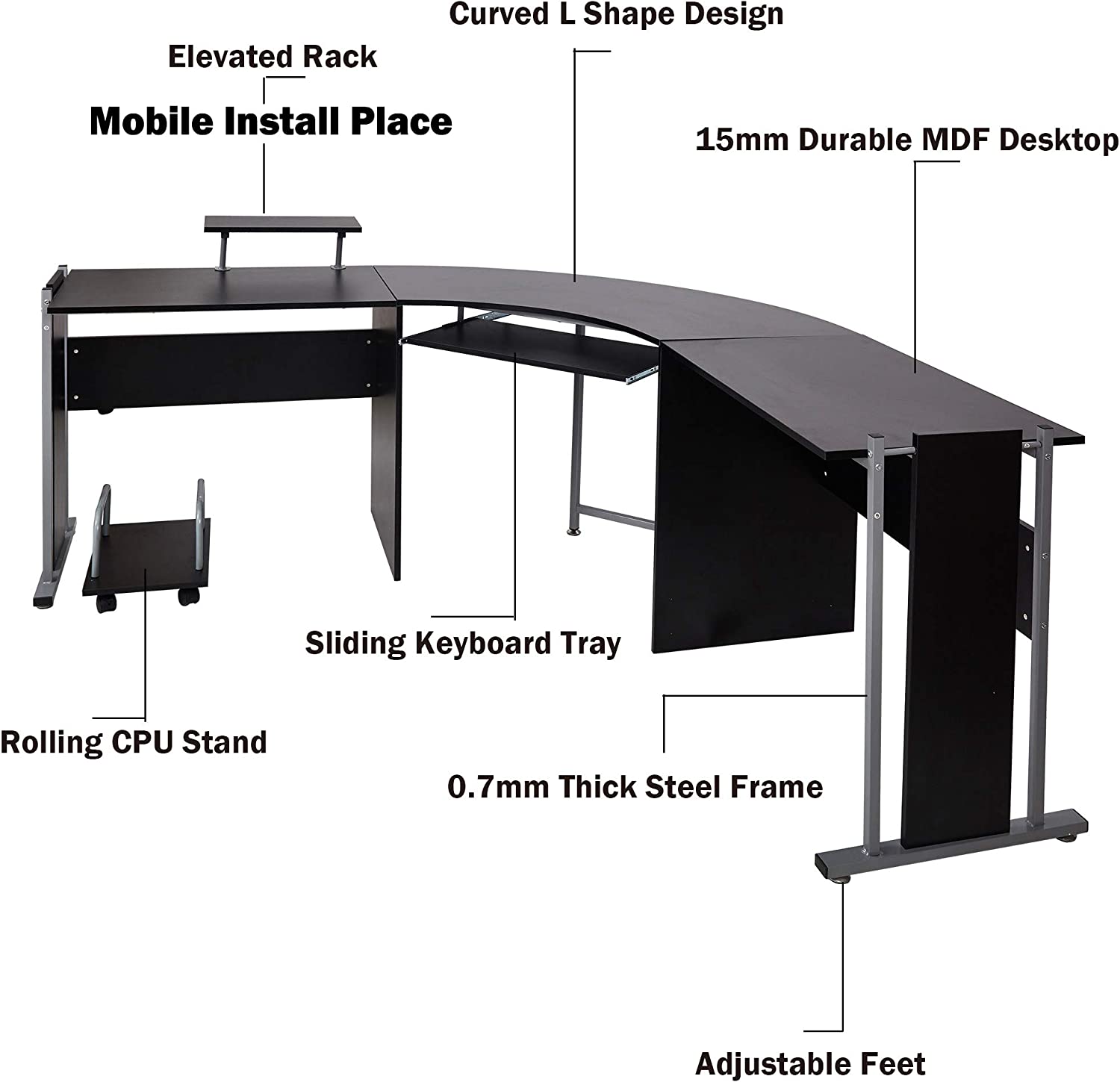 L-Shaped Computer Desk Modern Corner Table Wood Laptop Gaming Desk 71.2 x 22 x 30.3in