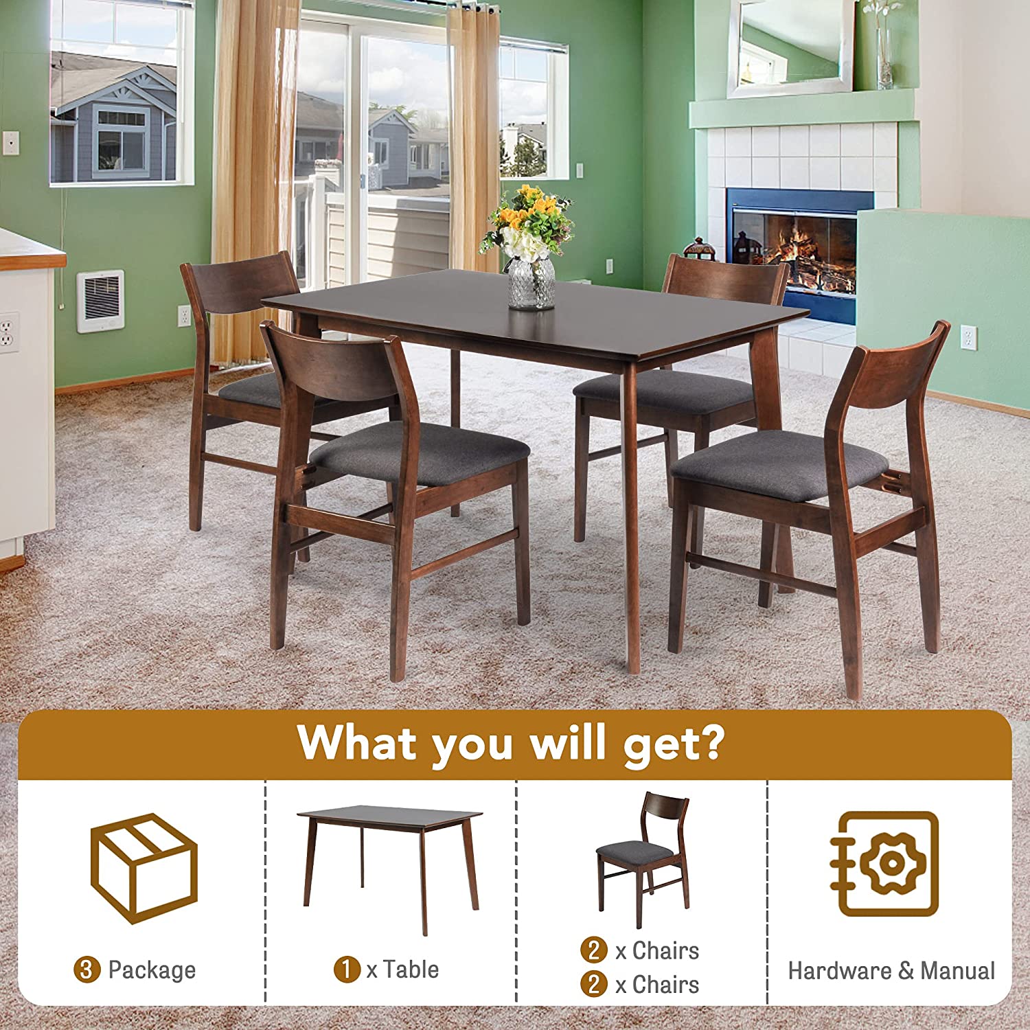 5 Piece Wooden Dining Room Table Set Mid Century Modern Wood Dinette Set Kitchen Table and 4 Chairs with Cushion, Walnut - Bosonshop