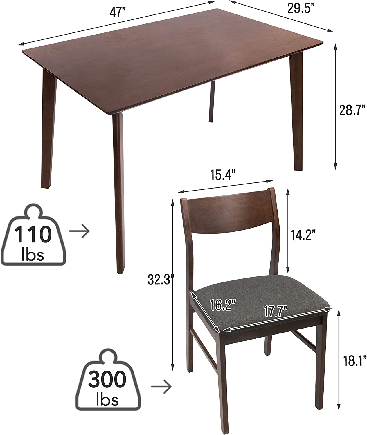 5 Piece Wooden Dining Room Table Set Mid Century Modern Wood Dinette Set Kitchen Table and 4 Chairs with Cushion, Walnut