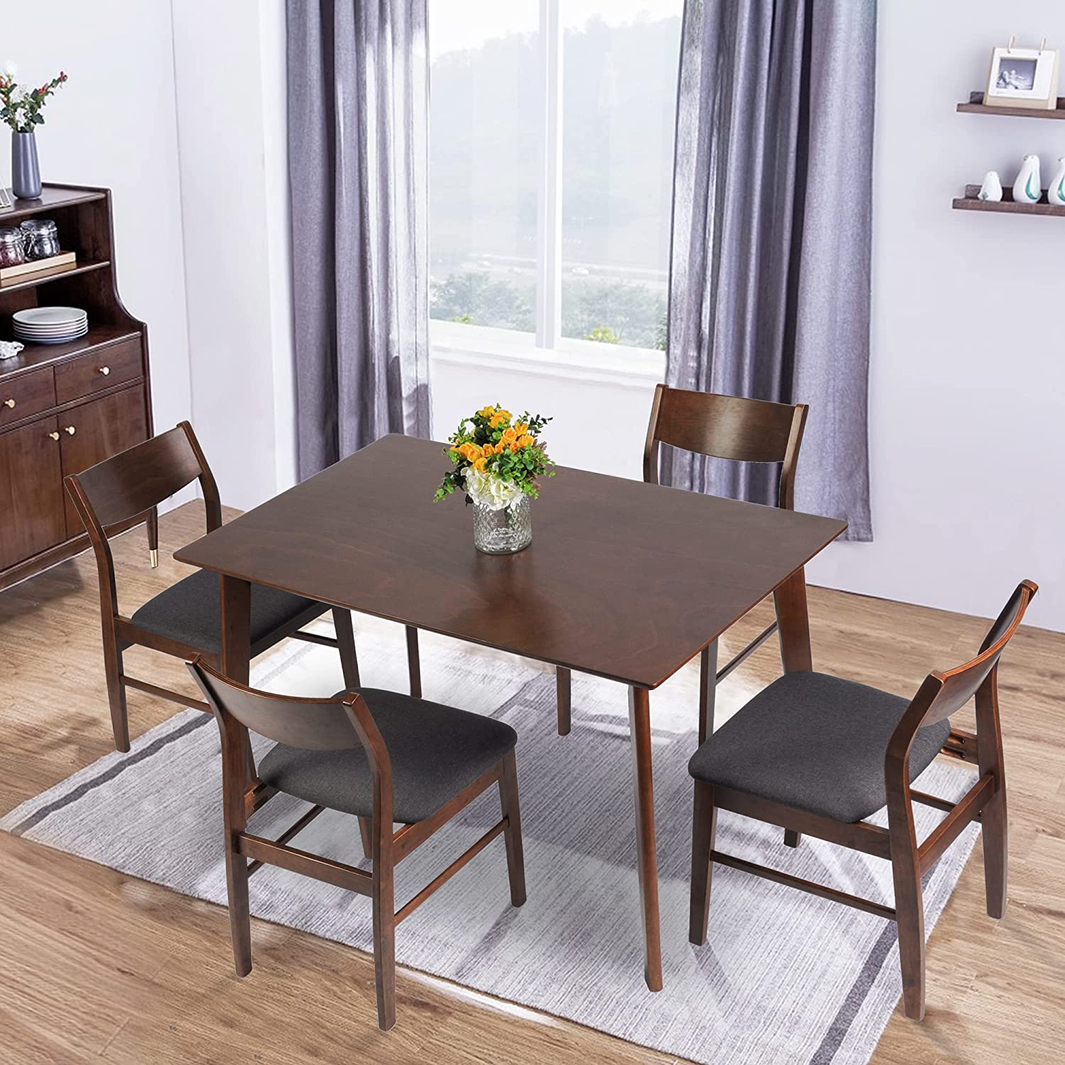 5 Piece Wooden Dining Room Table Set Mid Century Modern Wood Dinette Set Kitchen Table and 4 Chairs with Cushion, Walnut