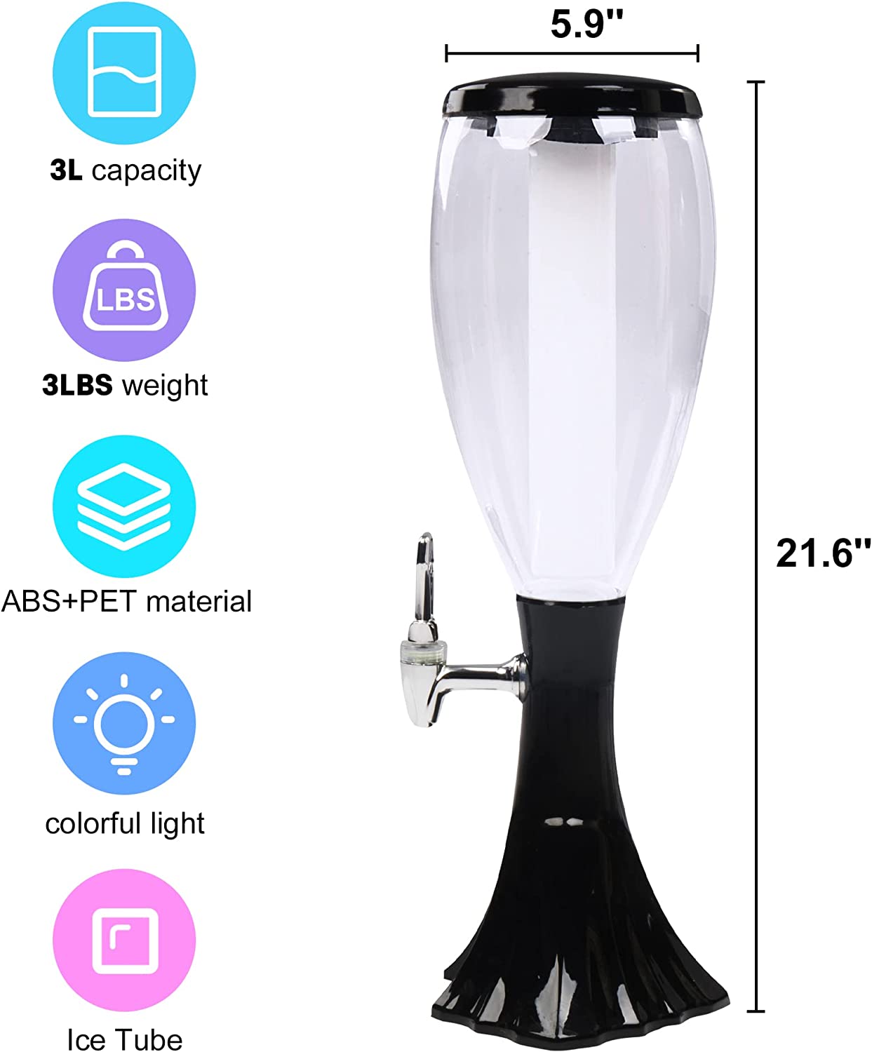 3L Draft Beer Tap Drink Beverage Dispenser Plastic w/ LED Lights & Ice Tube Keep Cold for Birthday Party Bar