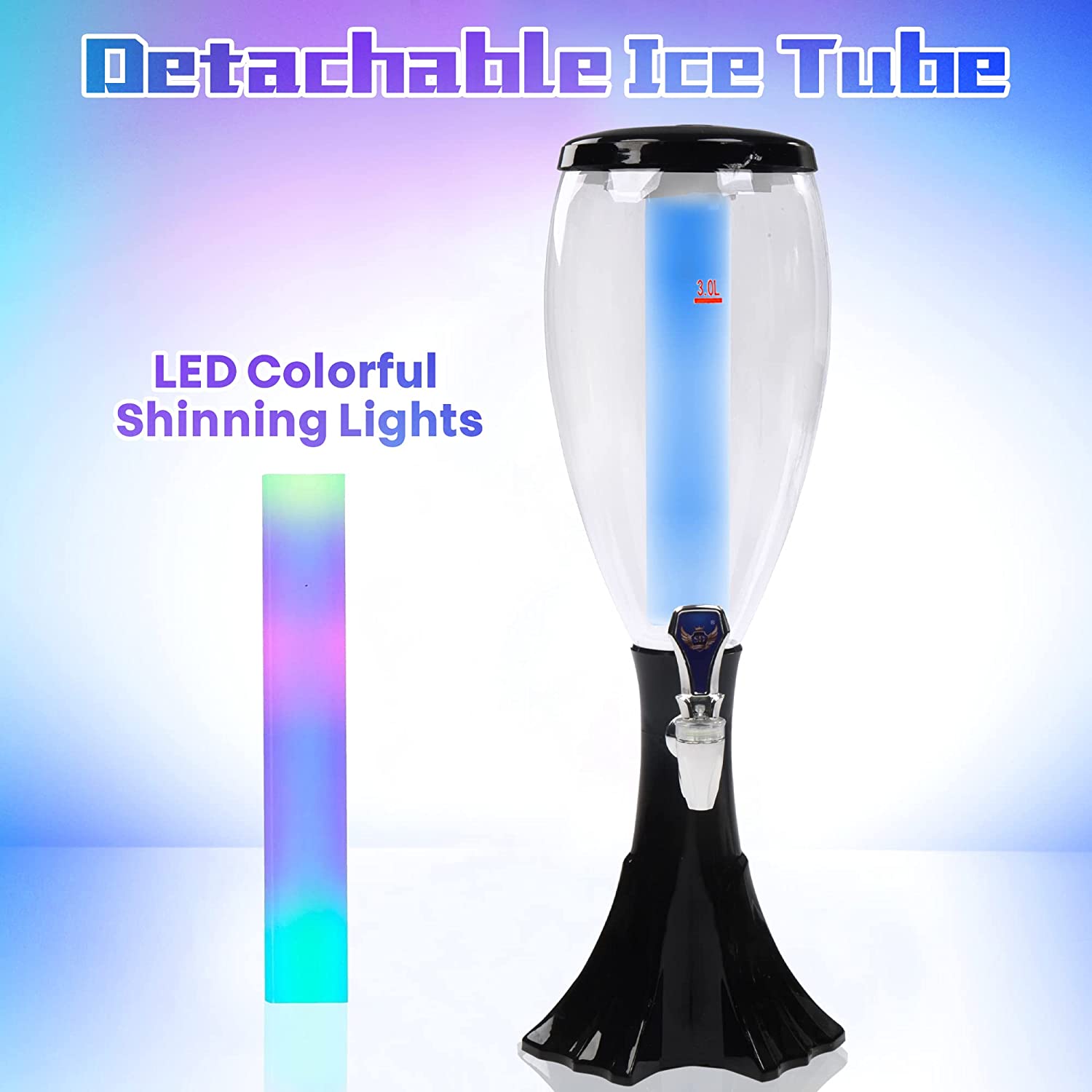 3L Draft Beer Tap Drink Beverage Dispenser Plastic w/ LED Lights & Ice Tube Keep Cold for Birthday Party Bar
