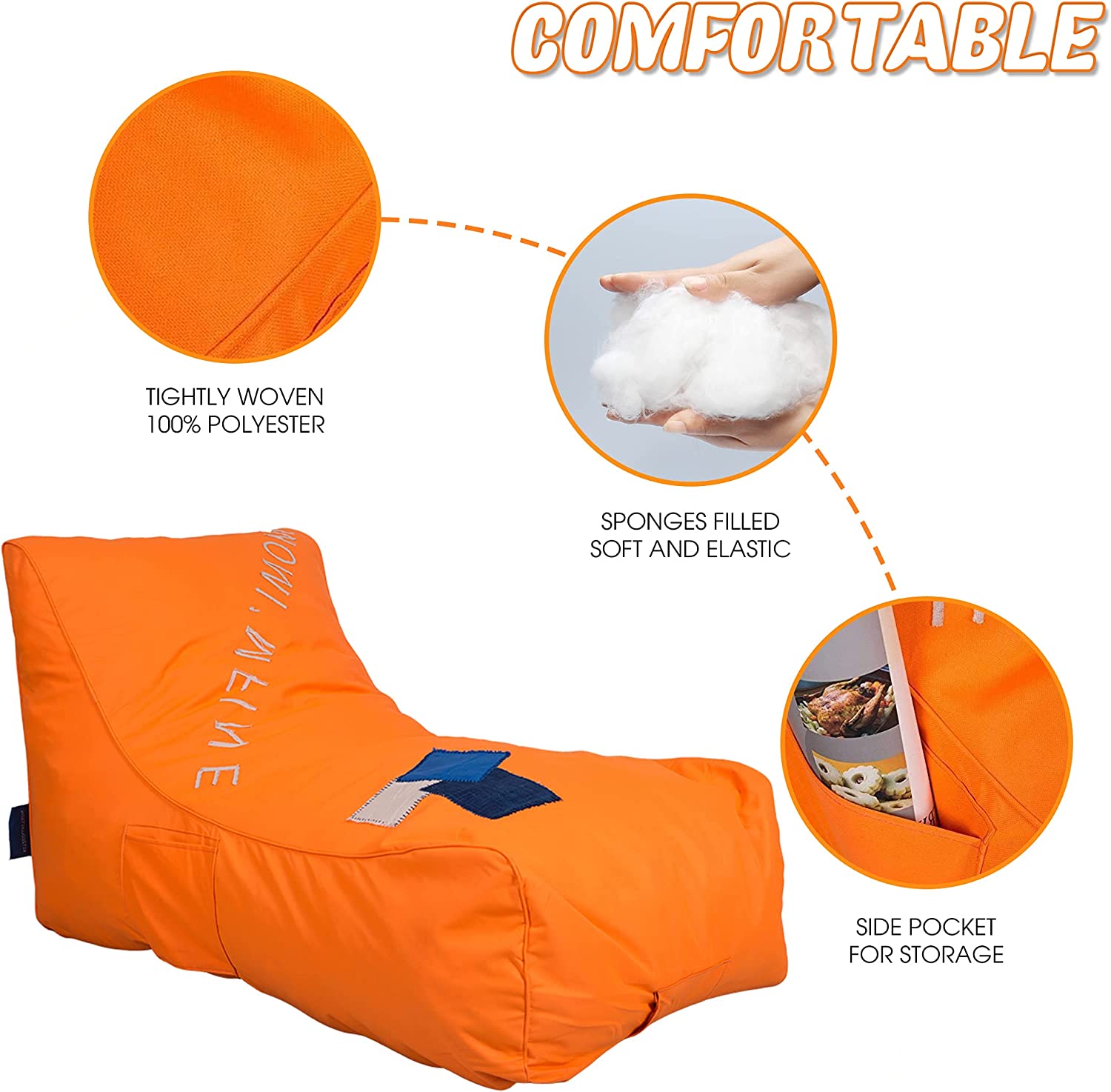 Nylon Foam Lazy Lounger Self Expanding Sponge Floor Chair Sleeper Sofa  w/ Dirt-Proof Oxford Fabric & Side Pocket, Orange