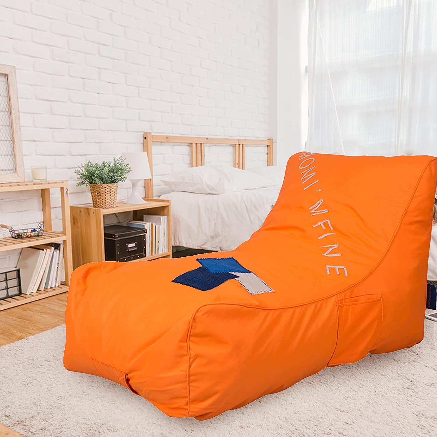 Nylon Foam Lazy Lounger Self Expanding Sponge Floor Chair Sleeper Sofa  w/ Dirt-Proof Oxford Fabric & Side Pocket, Orange