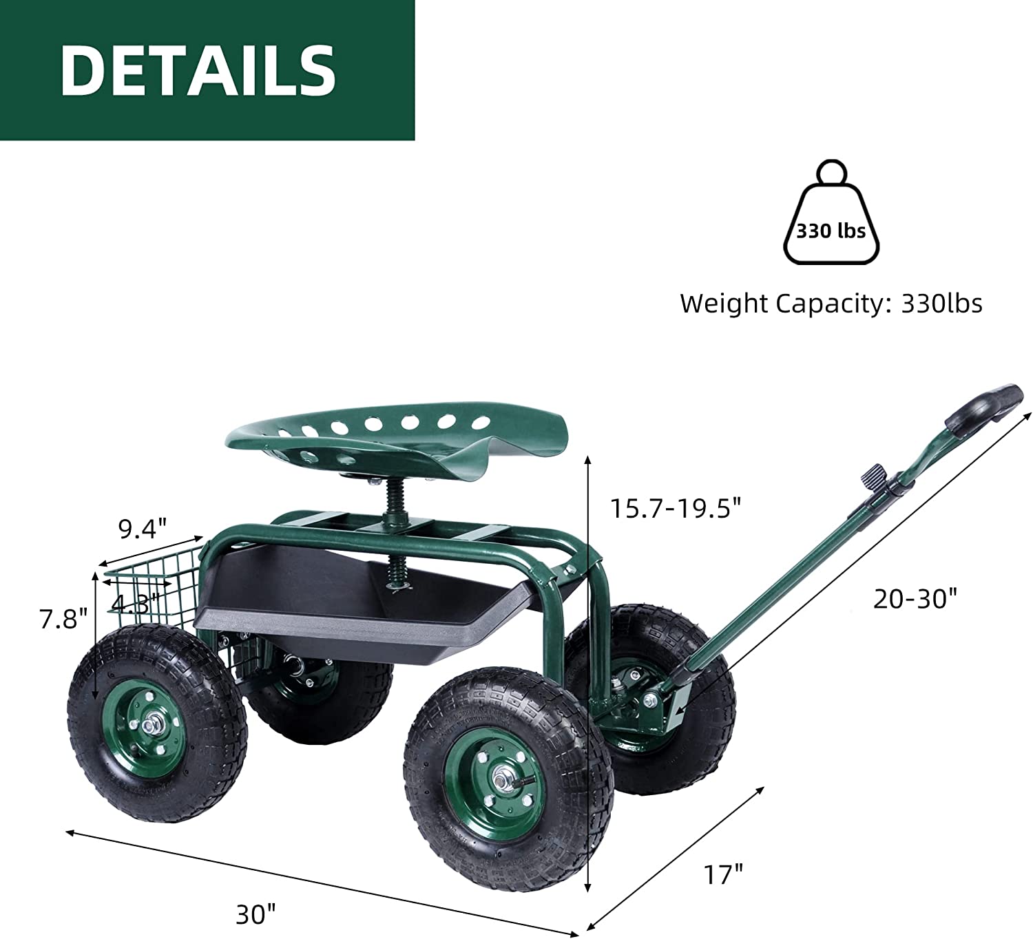 Rolling Garden Cart Wagon Scooter Lawn Yard Patio Work Seat with Tool Tray & 360 Swivel Work Seat
