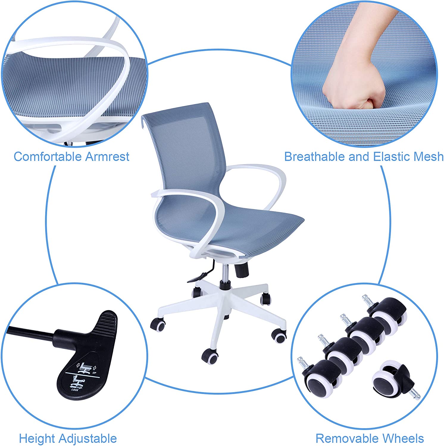 Adjustable Mesh Office Computer Chair with Ergonomic Mid Back Design Swivel Desk Task Chair with Armrest for Working Meeting (Blue)