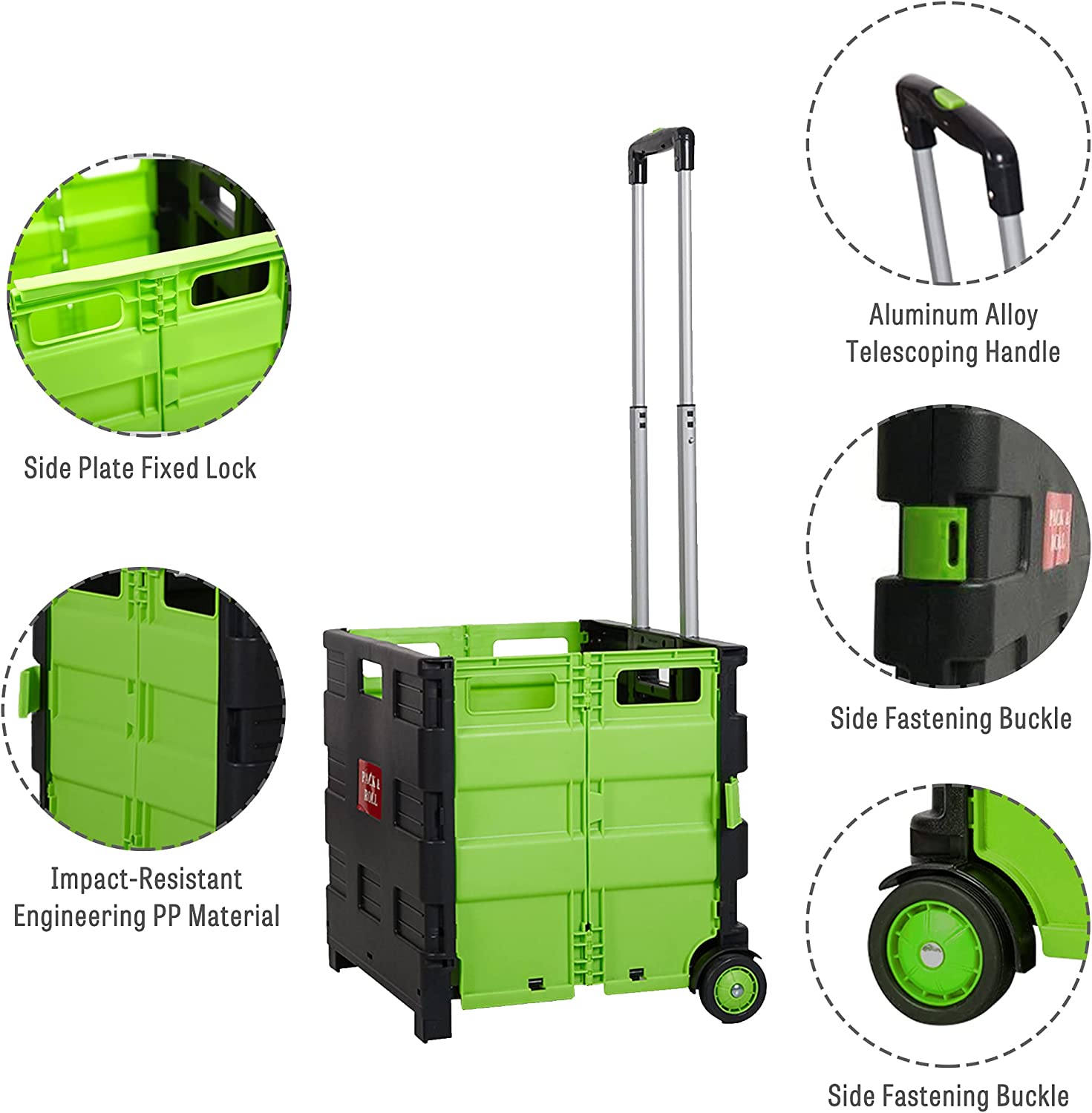 Folding Portable Rolling Utility Shopping Cart Crate with Telescopic Handle (Green, Large)