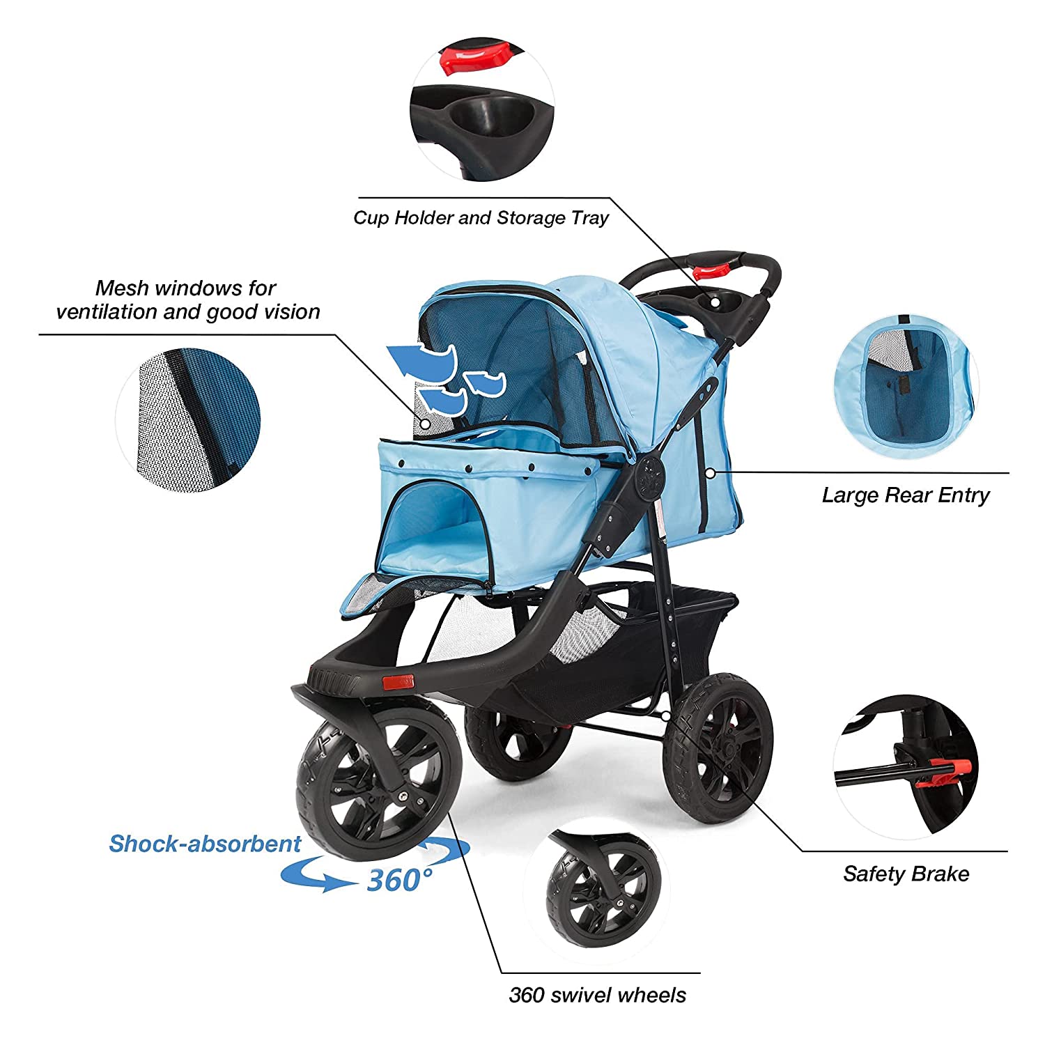 3-Wheels pet Stroller, Foldable Jogger Pet Stroller with Storage Basket