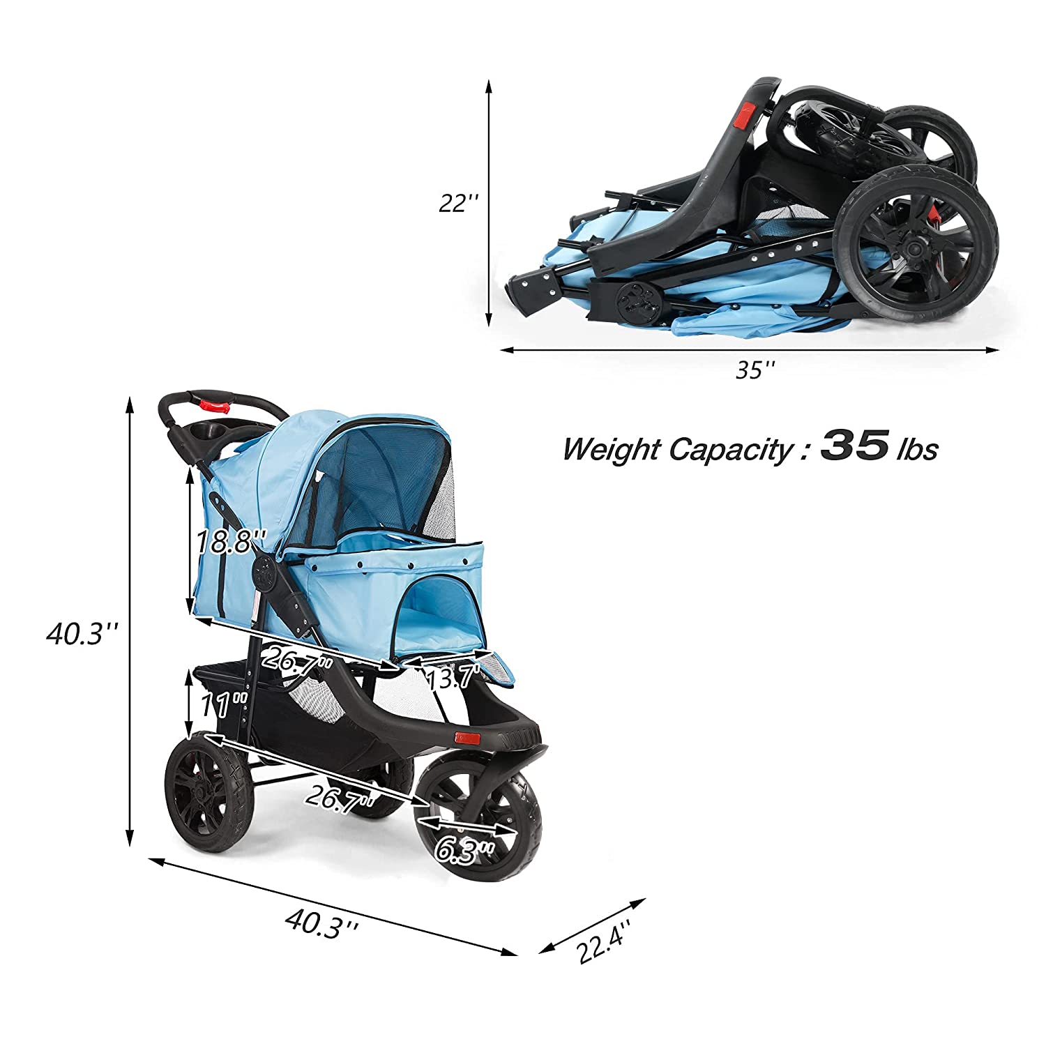 3-Wheels pet Stroller, Foldable Jogger Pet Stroller with Storage Basket