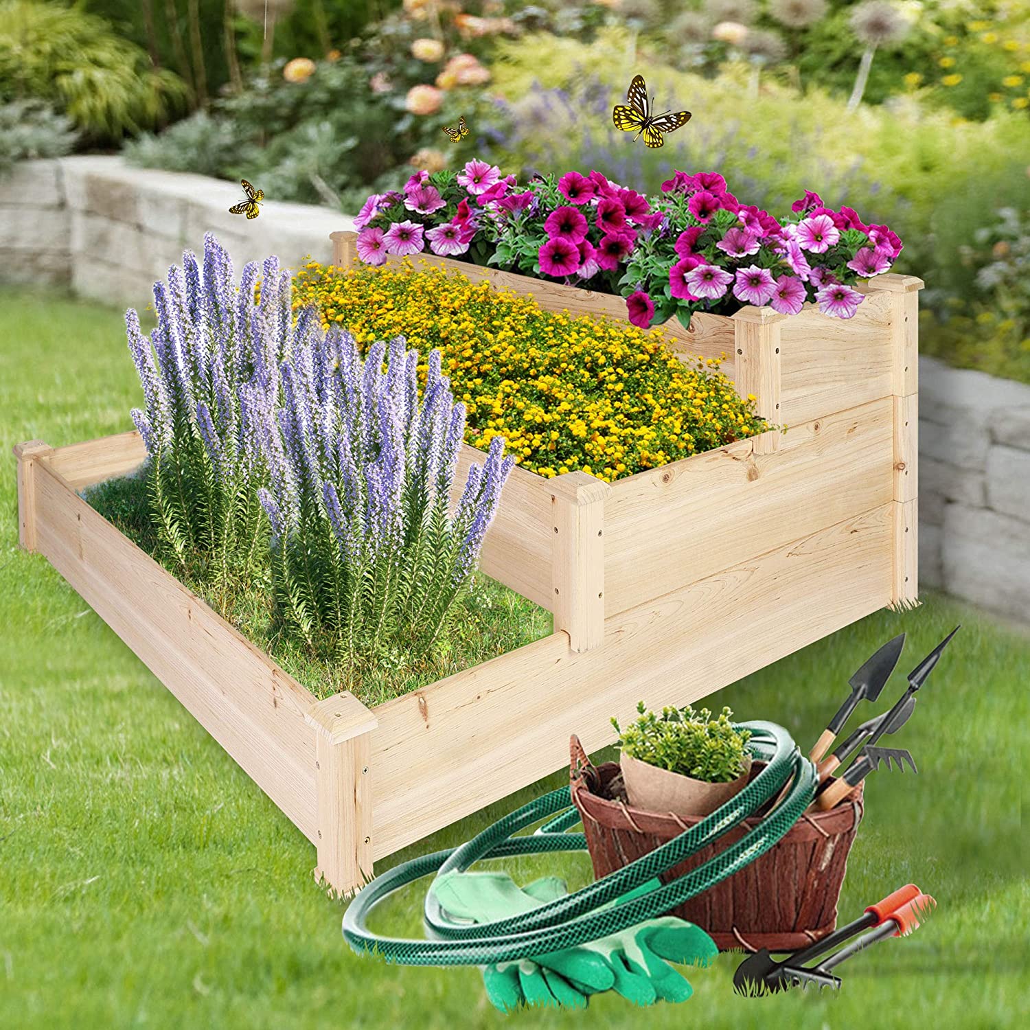Wooden Raised Vegetable Garden Bed 3 Tier Elevated Planter Kit Outdoor Gardening