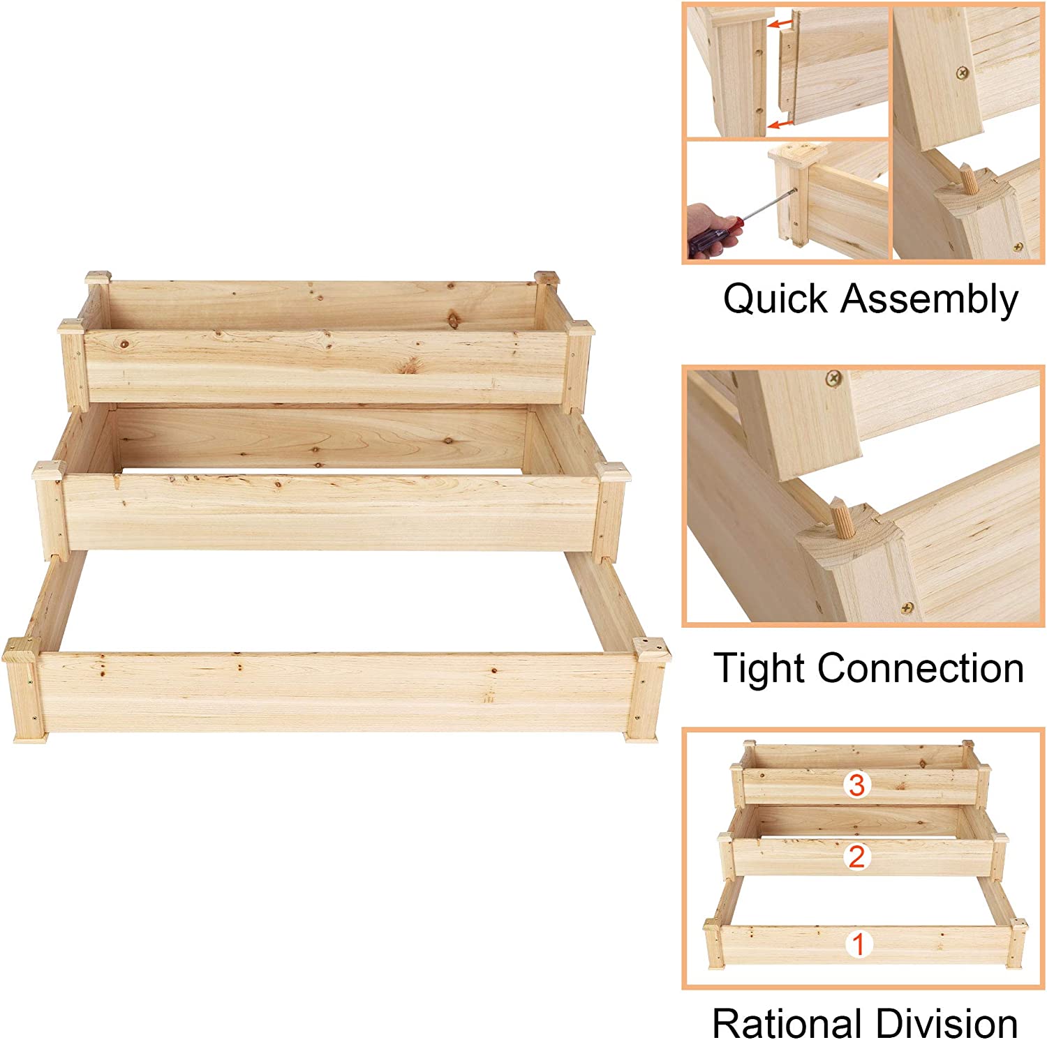 Wooden Raised Vegetable Garden Bed 3 Tier Elevated Planter Kit Outdoor Gardening