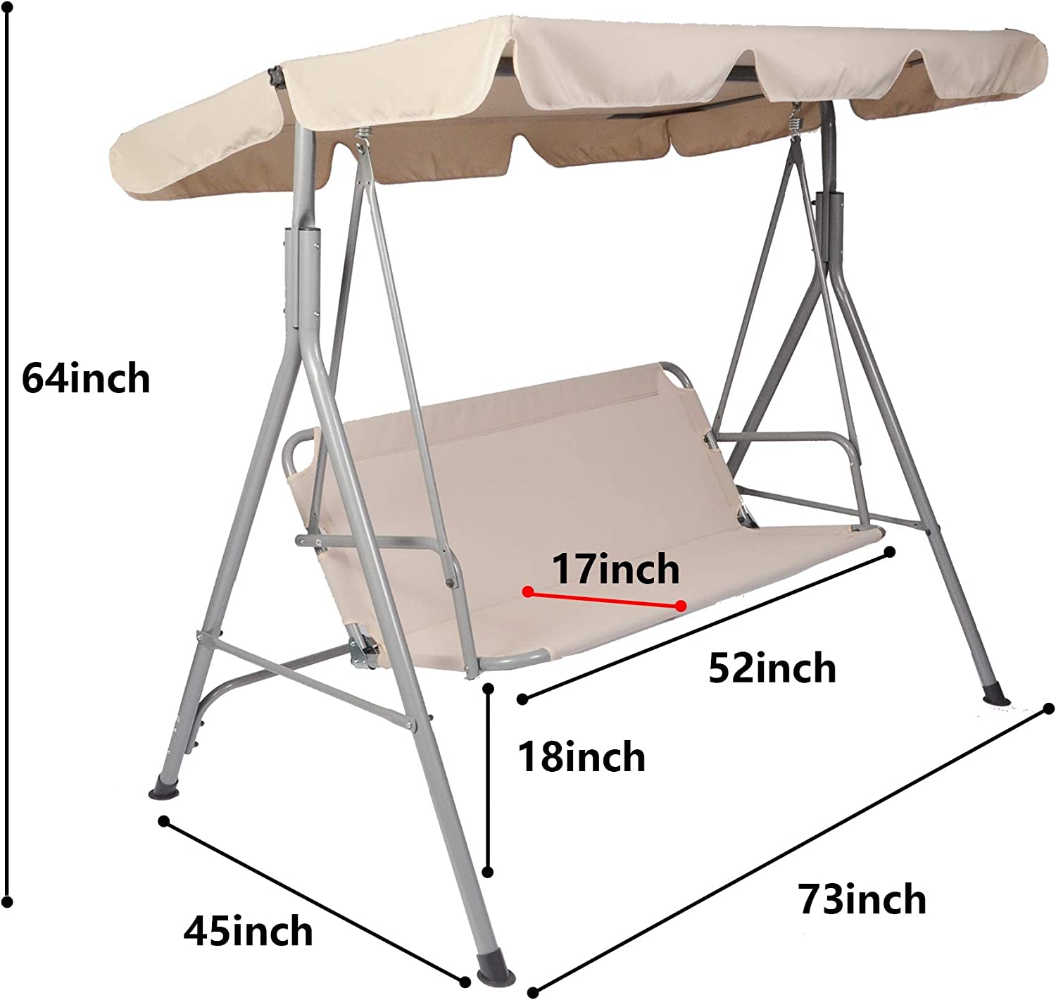 3-Seat Outdoor Patio Swing Chair Adjustable Canopy & Anti-Slip Padded Feets, Beige