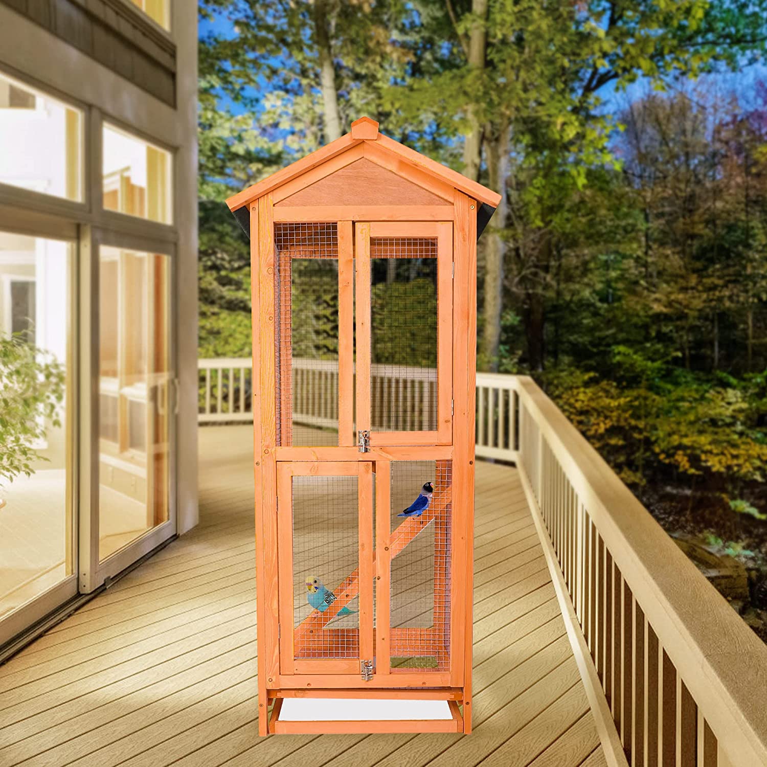 Wooden Large Bird Cage Pet Play Covered House Ladder Feeder Stand Outdoor - Bosonshop