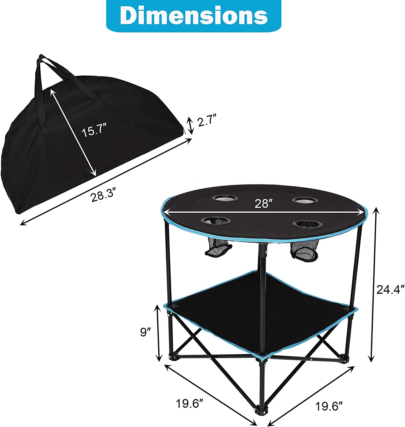 Folding Table, Travel Camping Picnic Collapsible Round Table with 4 Cup Holders and Carry Bag (Black & Blue)